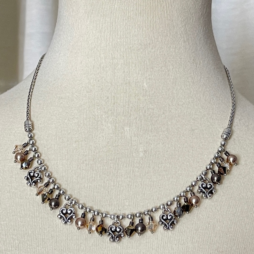 Brighton Retired Cannes Necklace Bronze Crystal Pearl Dangle Hearts - Picture 6 of 6